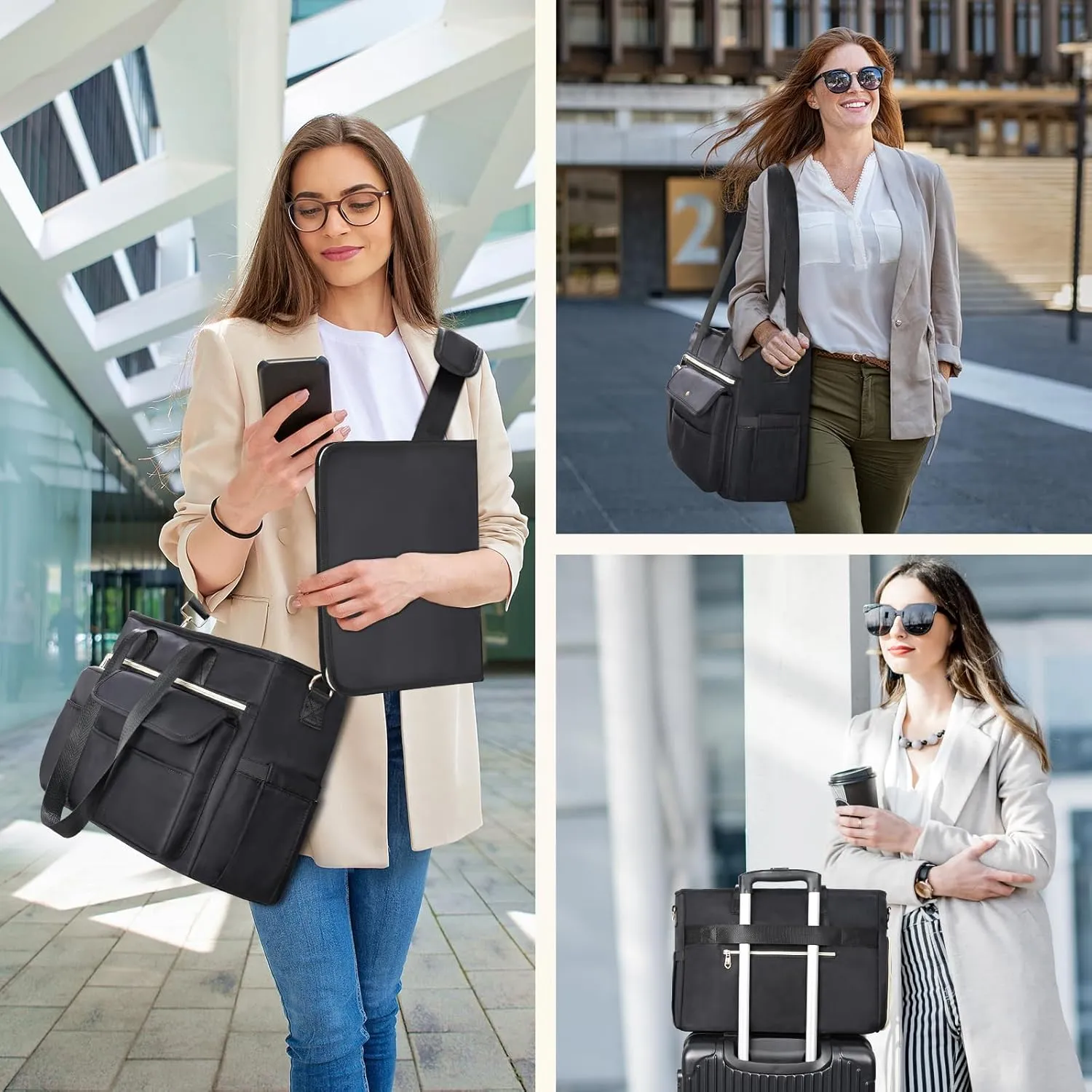 ESTARER Women Laptop Tote Bag 2Pcs, 15.6'' Teacher Work Bag Computer bag w/Expandable File Folder, Large Water-Resistant Messenger Shoulder bag w/Insulated Pocket for Office/Travel/College, Black