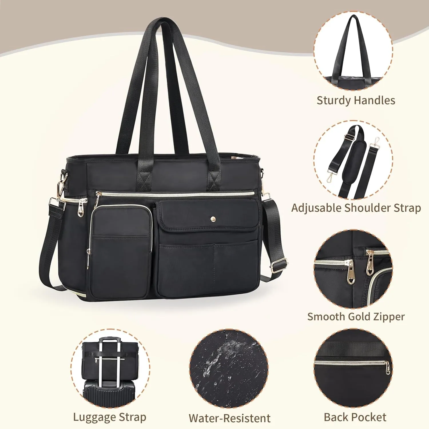 ESTARER Women Laptop Tote Bag 2Pcs, 15.6'' Teacher Work Bag Computer bag w/Expandable File Folder, Large Water-Resistant Messenger Shoulder bag w/Insulated Pocket for Office/Travel/College, Black