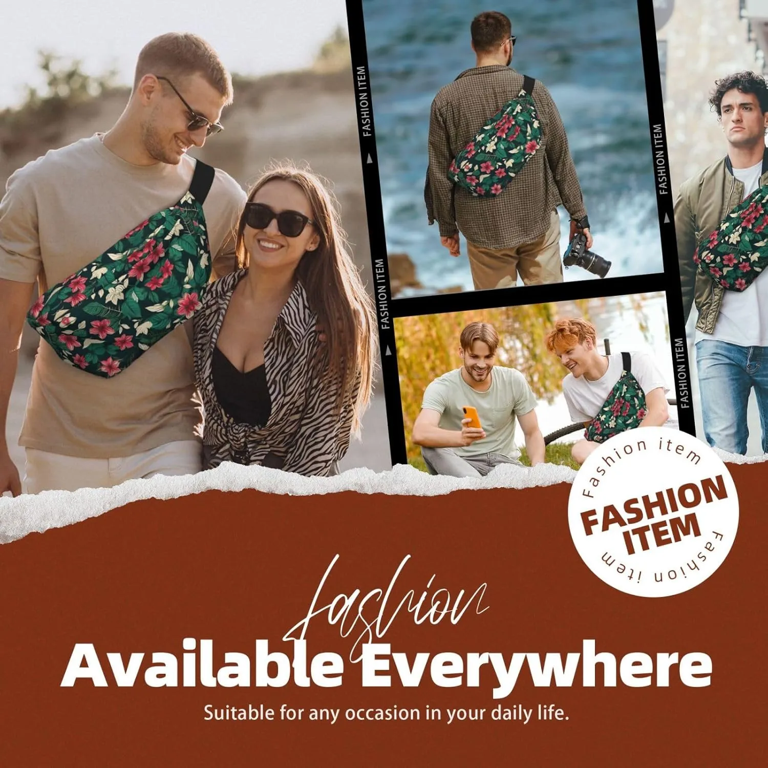 flower leaf Fanny Pack Crossbody Sling Bag  Zipper Pockets for Travel, Hiking, Cycling, Workouts, and Everyday Use