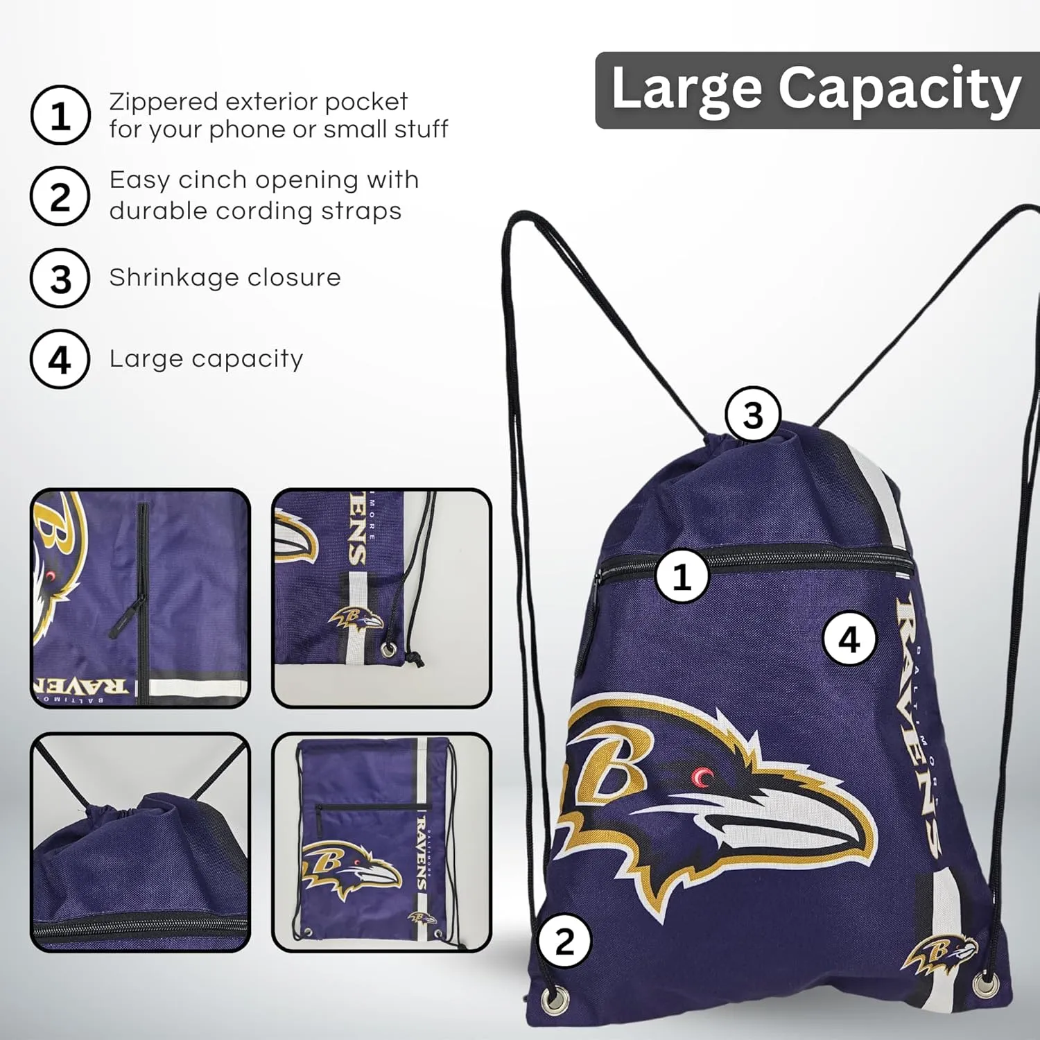 FOCO Baltimore Ravens Big Logo Drawstring Backpack with Zippered Pocket  Limited Edition Ravens Bag  NFL Gear  Show Your Team Spirit with Officially Licensed Baltimore Fan Gear