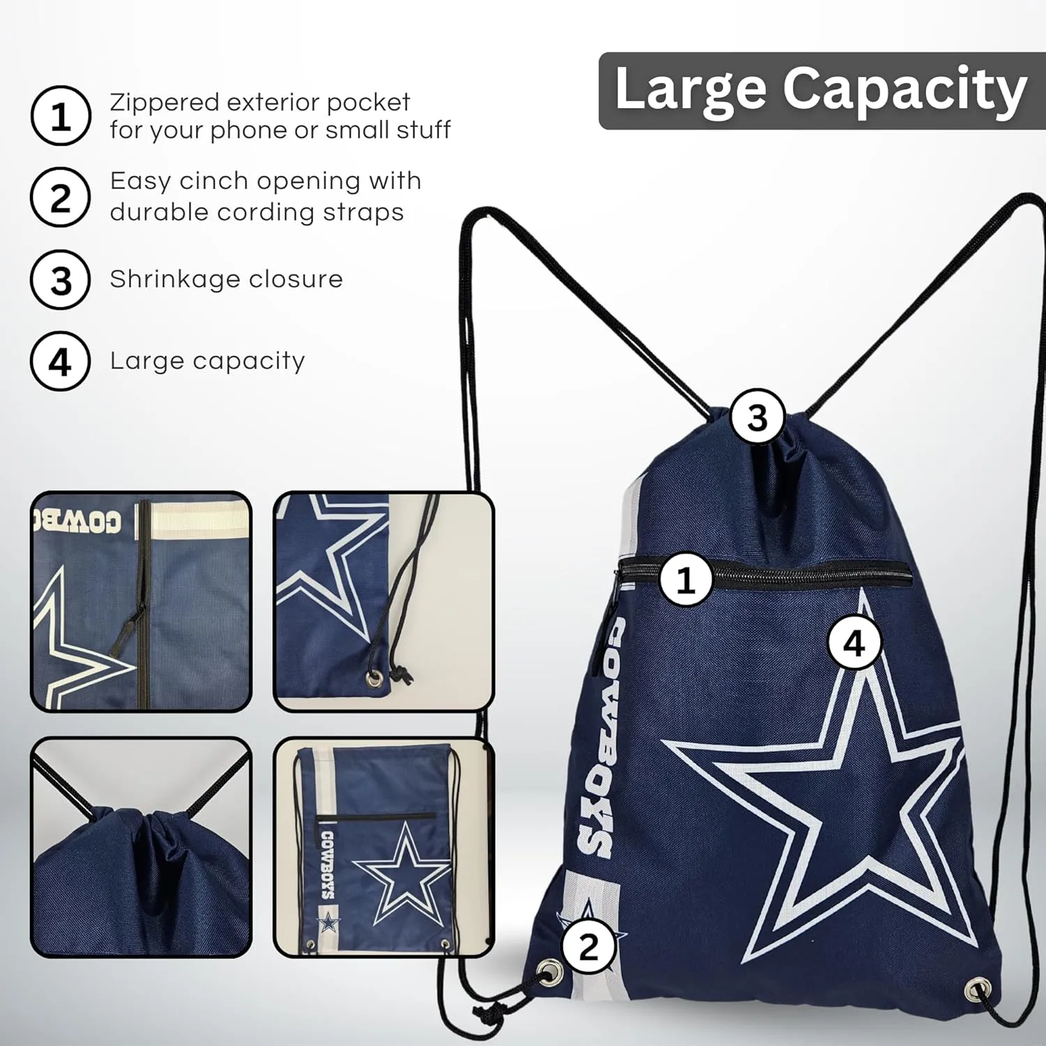 FOCO Dallas Cowboys Big Logo Drawstring Backpack with Zippered Pocket  Limited Edition Cowboys Bag  NFL Gear  Show Your Team Spirit with Officially Licensed Dallas Cowboys Fan Gear