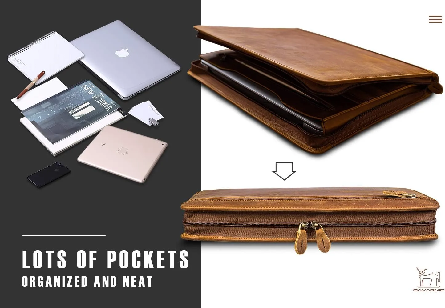 Genuine Leather Professioal Business Portfolio Padfolio Folder with Zipper for Men and Women,Work Portfolio with Notepad for Meeting and Travel, Brown