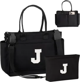 Gifts for Teen Girls Women, Initial Canvas Tote Bag with Zipper for College, Work, Teen Girl Gifts Trendy Stuff