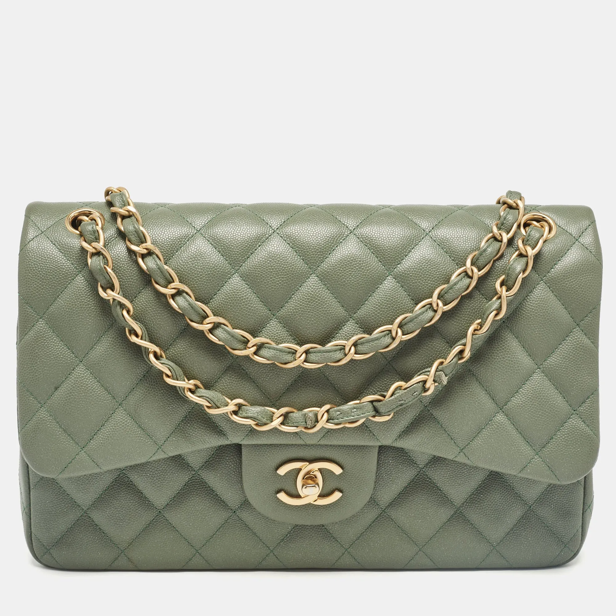 Green Quilted Caviar Leather Jumbo Classic Double Flap Bag