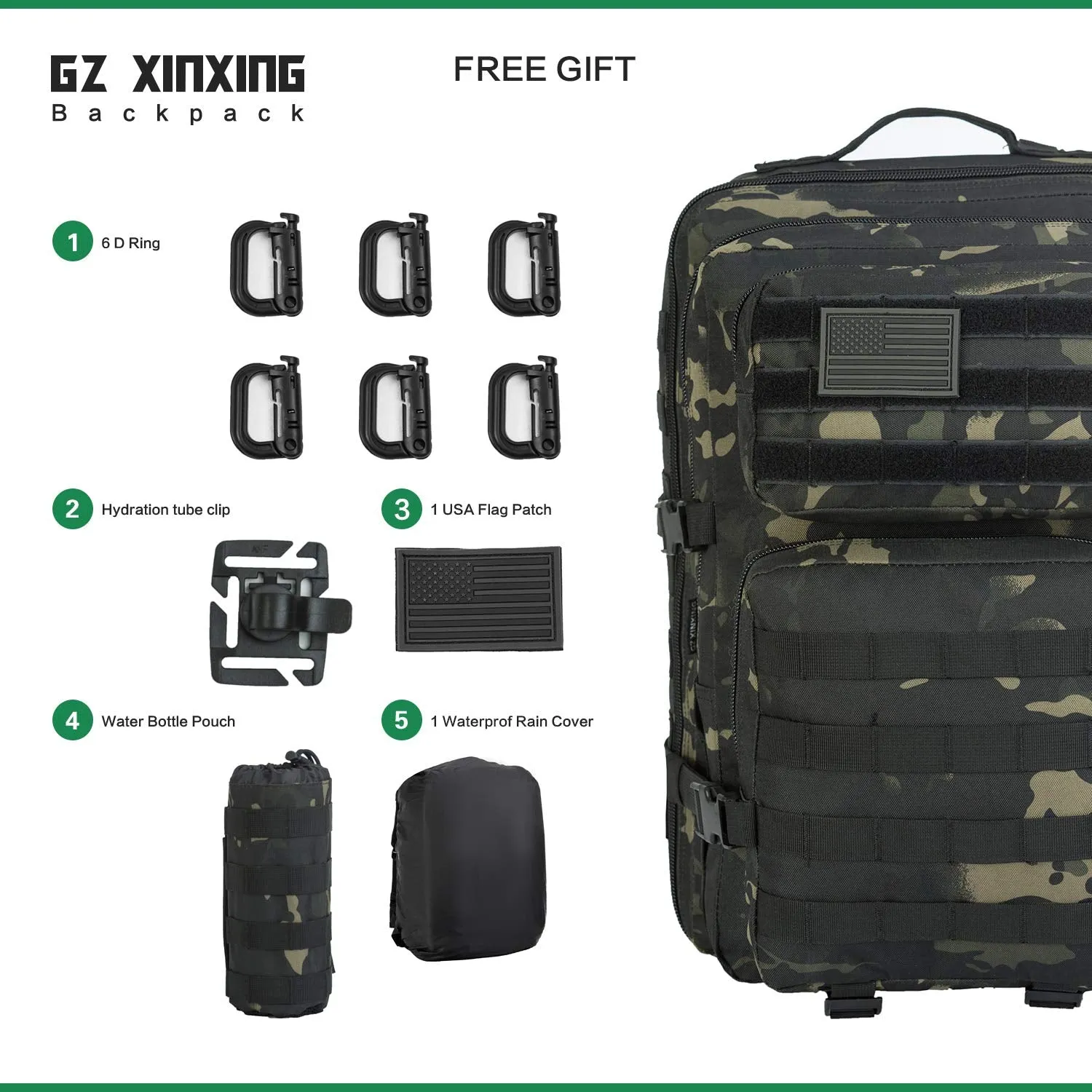 GZ XINXING 3 Day Assault Pack Military Tactical Army Molle Rucksack Backpack Bug Out Bag Hiking Daypack For Hunting Camping Hiking Traveling (Black Multicam)