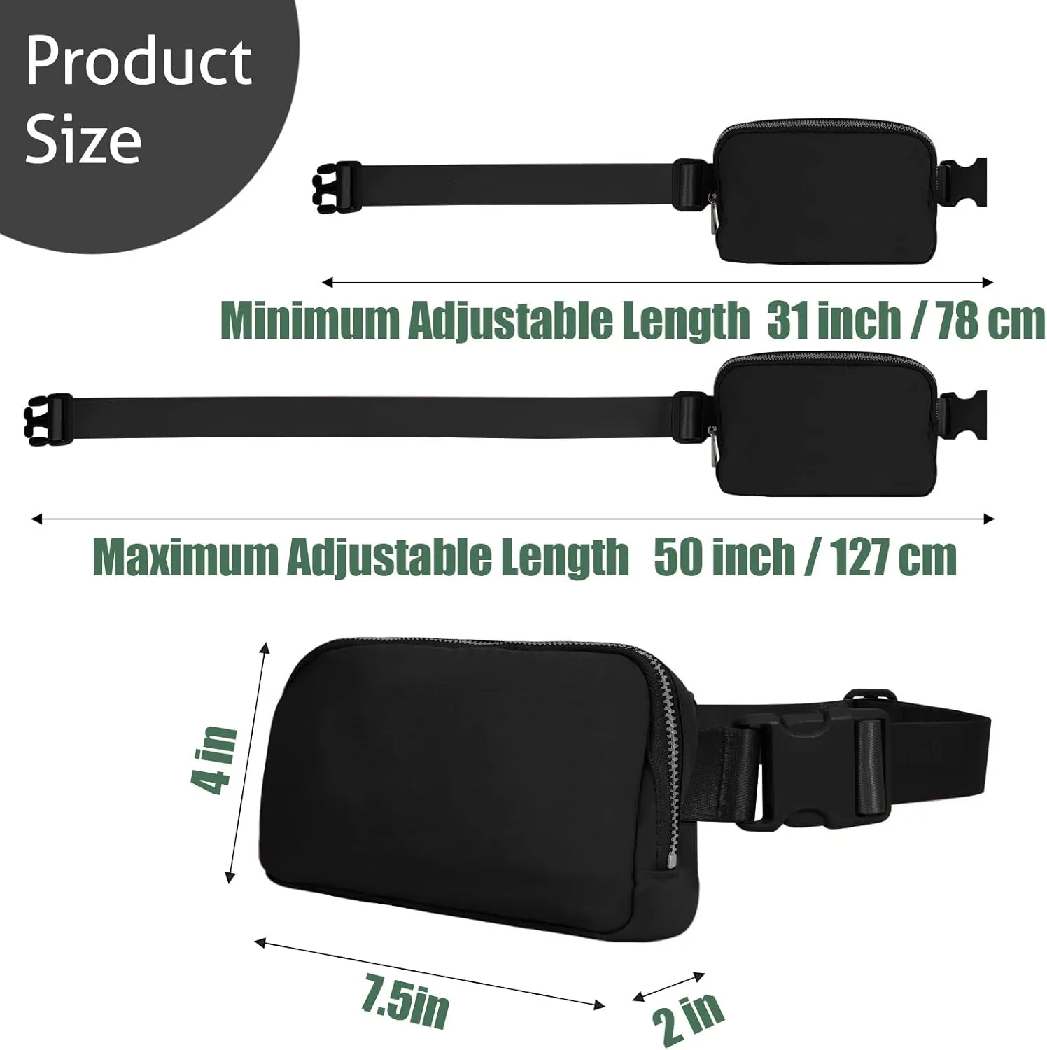 INTINI Everywhere Belt Bag  Small, Slim, and Stylish Mini Crossbody Fanny Pack for Women 50 Inch Waist (S - Black)