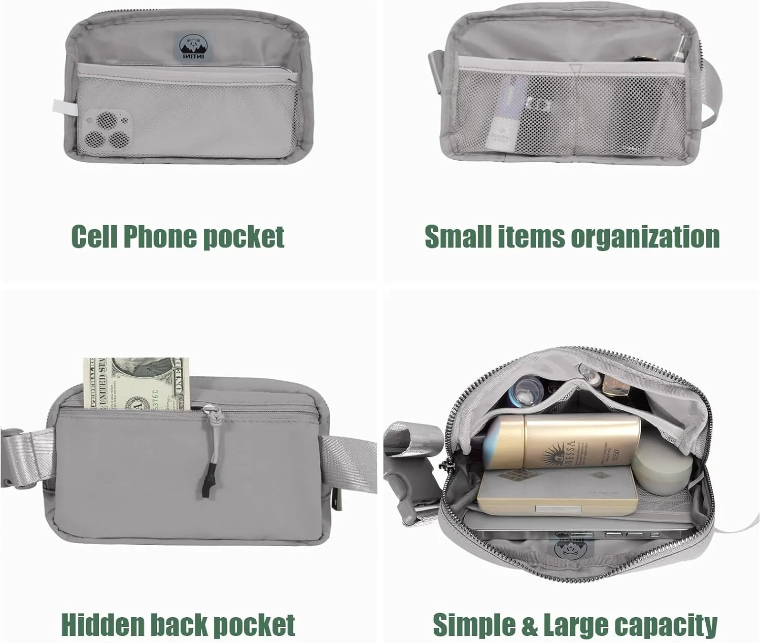 INTINI Everywhere Belt Bag  Small, Slim, and Stylish Mini Crossbody Fanny Pack for Women 50 Inch Waist (S - Grey)