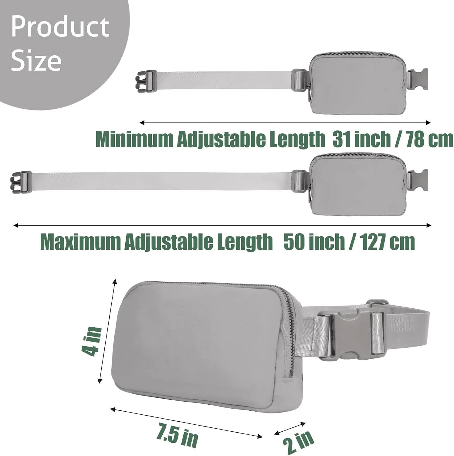 INTINI Everywhere Belt Bag  Small, Slim, and Stylish Mini Crossbody Fanny Pack for Women 50 Inch Waist (S - Grey)