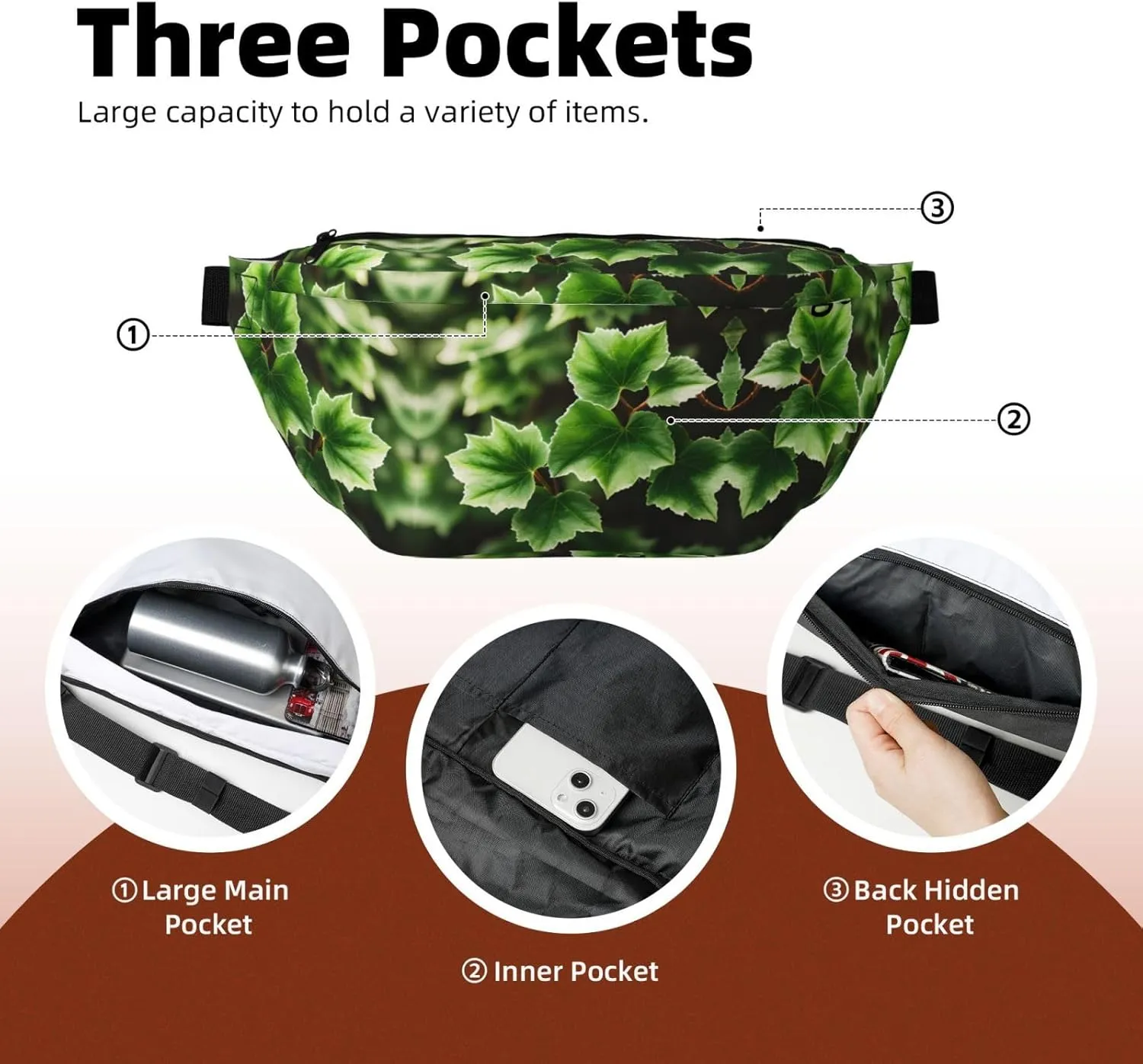 Ivy Blossoms Tree Fanny Pack Crossbody Sling Bag  Zipper Pockets for Travel, Hiking, Cycling, Workouts, and Everyday Use