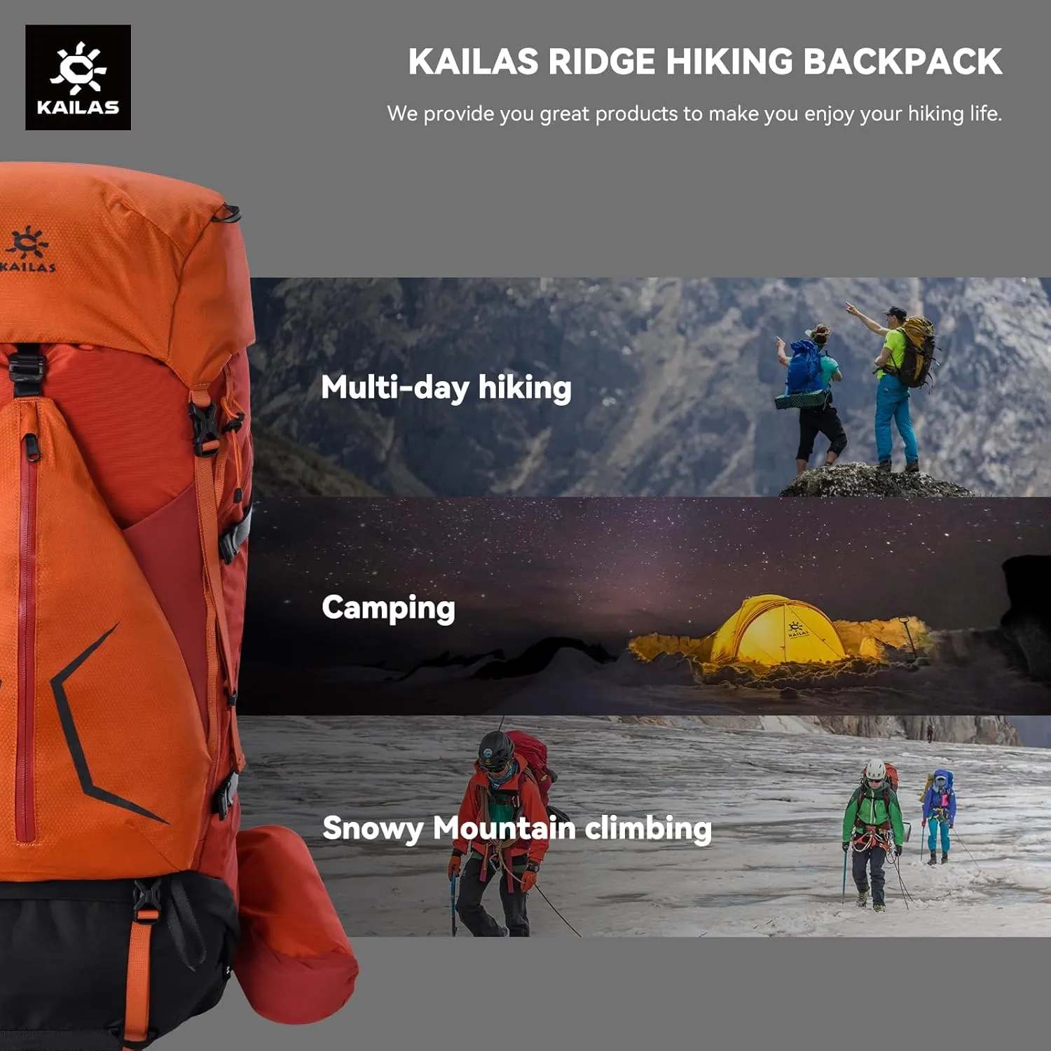 KAILAS RIDGE III 65 5L Hiking Backpack Trekking Daypack Outdoor Backpacking Waterproof Lightweight Internal Frame Backpack for Traveling Camping with Rain Cover Dark Black S