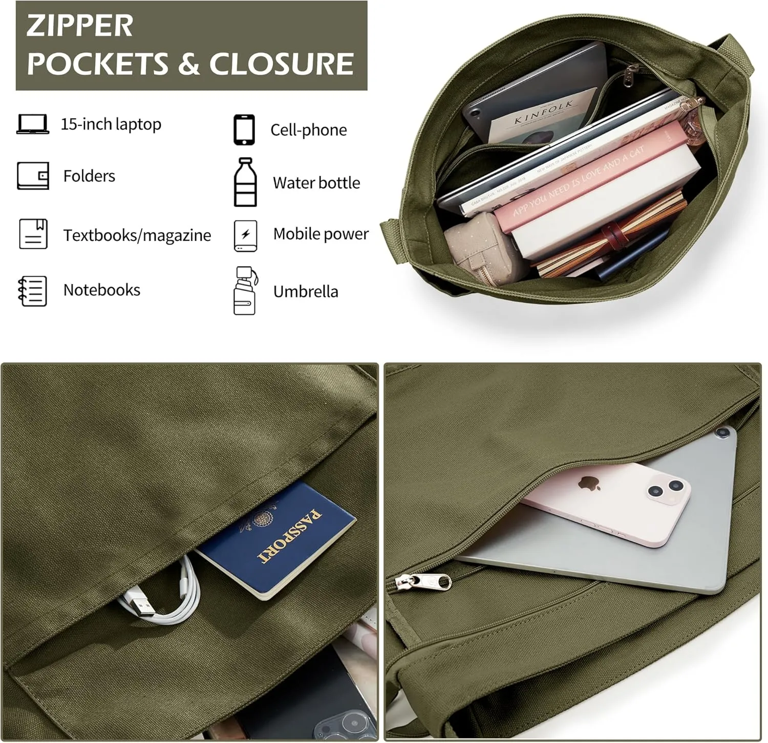 KALIDI Canvas Tote Bag Large Hobo Crossbody Shoulder Handbag Zipper Messenger Bag for Women or Men Casual College Work
