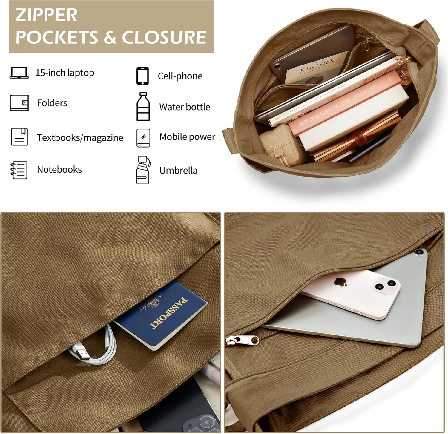 KALIDI Canvas Tote Bag Large Hobo Crossbody Shoulder Handbag Zipper Messenger Bag for Women or Men Casual College Work