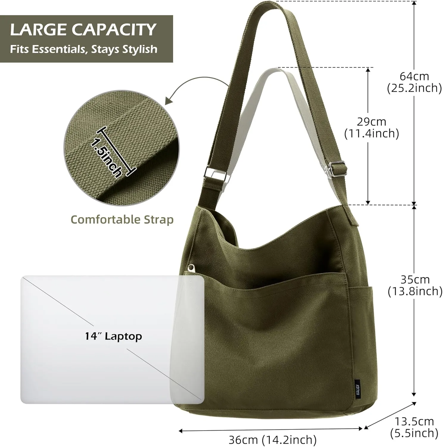 KALIDI Canvas Tote Bag Large Hobo Crossbody Shoulder Handbag Zipper Messenger Bag for Women or Men Casual College Work