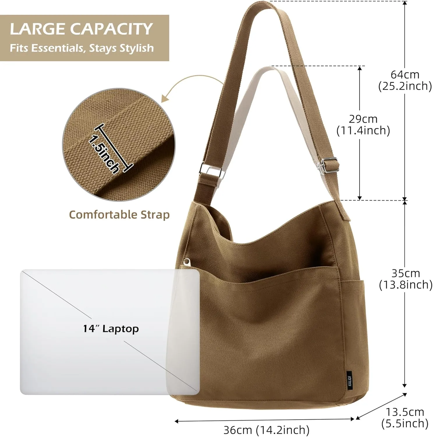 KALIDI Canvas Tote Bag Large Hobo Crossbody Shoulder Handbag Zipper Messenger Bag for Women or Men Casual College Work