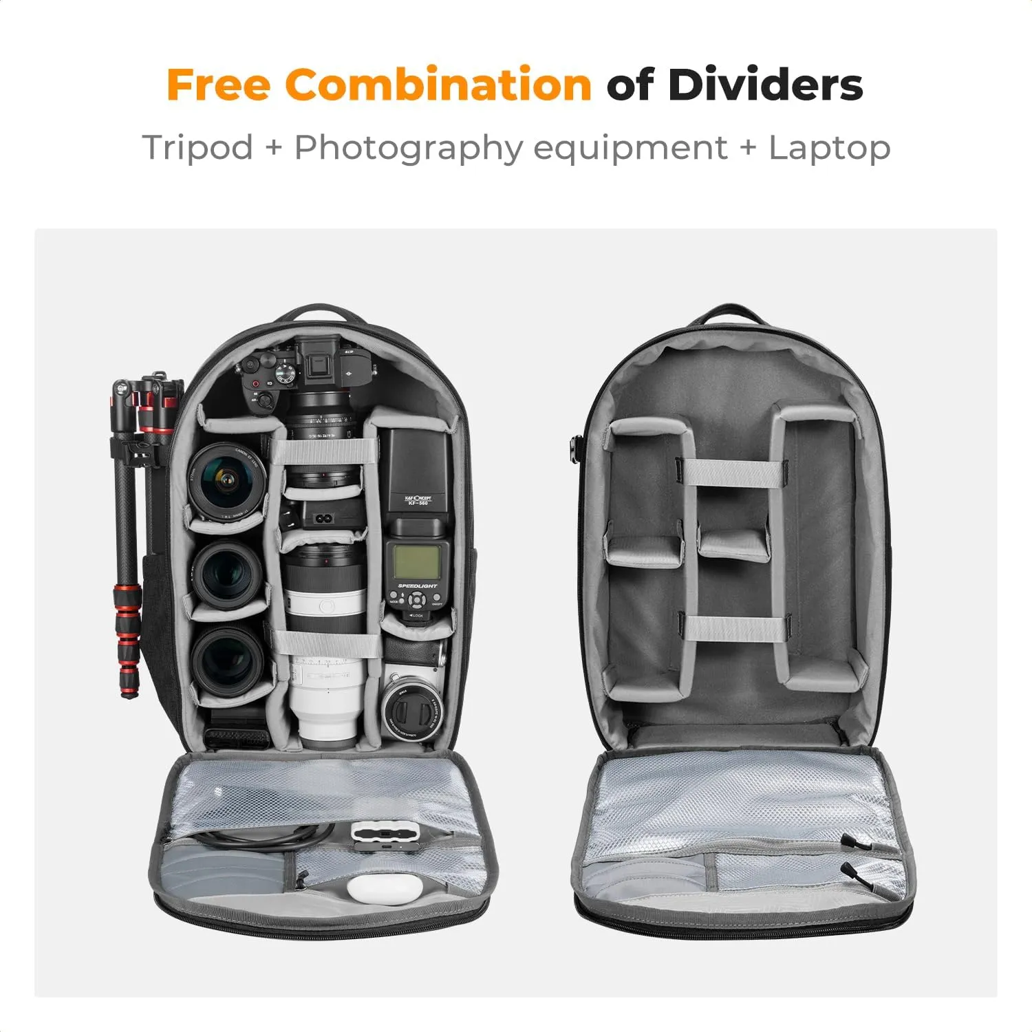 K&F Concept Camera Backpacks for Photographers Travel Bag for Tripod Camera Lence Accessory with laptop compartment and Rain Cover Waterproof Multi-Functional Camera Bags for Dslr Cameras