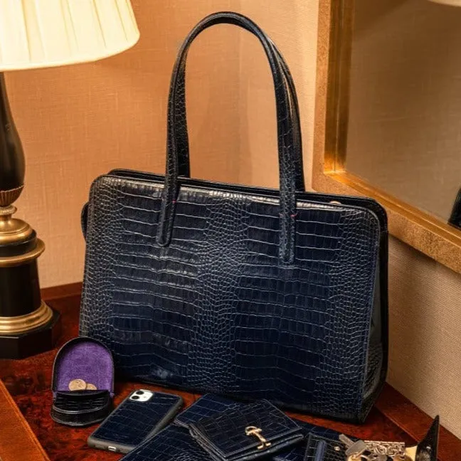 Ladies' Leather 15" Laptop Handbag - Navy Croc