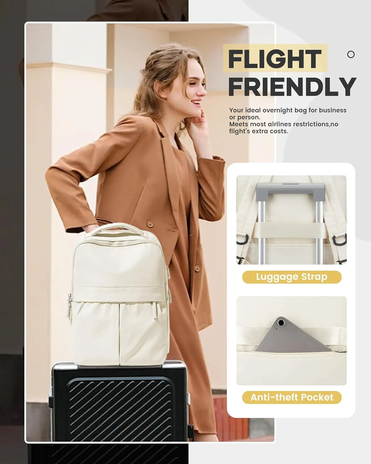 Laptop Backpack For Women Travel Backpack Carry On Flight Approved Gym Backpack Work Backpack For Men Personal Item Travel Bag Casual Daypack Backpacks College Backpack For Traveling On Airplane Beige