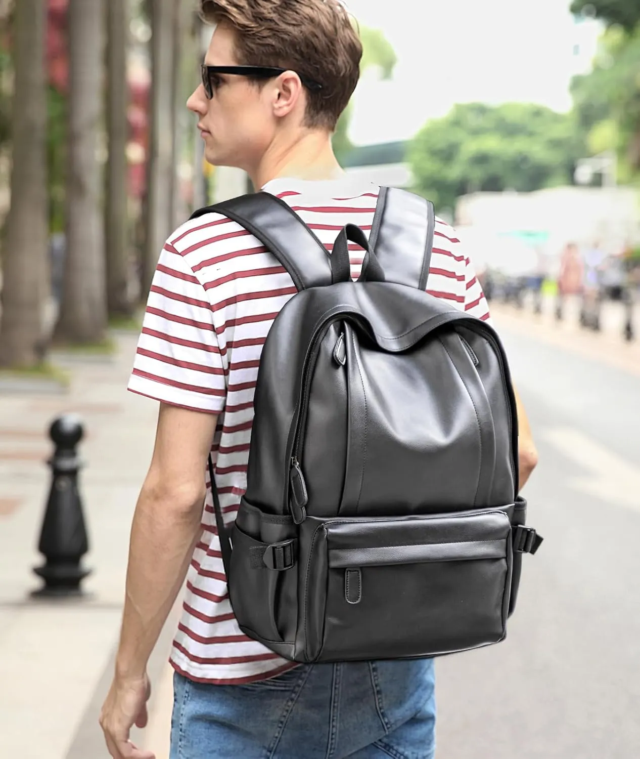 Leather Backpack for Men Black Vintage Backpacks Fit 15.6inch Laptop Classic Rucksack Waterproof Knapsack for Business Daily