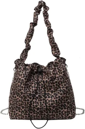 Leopard Print Drawstring Bucket Bag Cheetah Print Canvas Hobo Shoulder Bag Top Handle Leopard Handbag with Chain