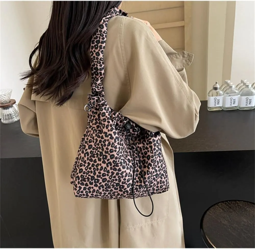 Leopard Print Drawstring Bucket Bag Cheetah Print Canvas Hobo Shoulder Bag Top Handle Leopard Handbag with Chain