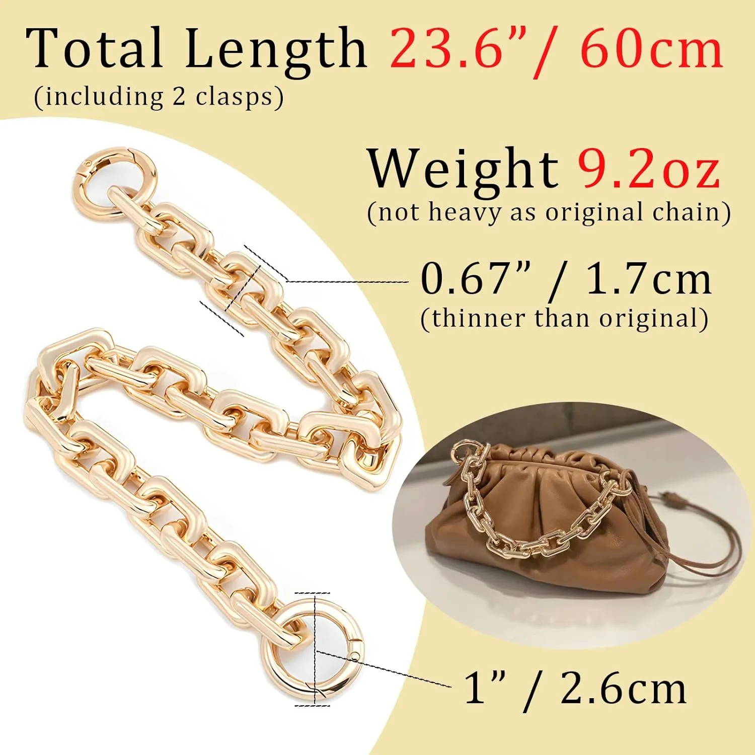 Light Gold Purse Chain, Chunky Chain Strap Replacement for Women Bag, Heavy Duty Handbag Shoulder Strap Accessories (23.6 Inches - Gold)