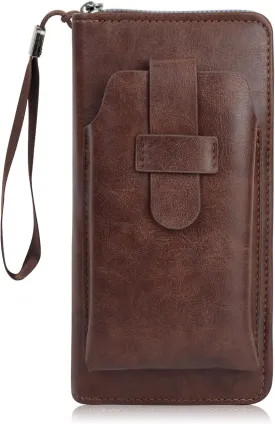 Long Wallet for Men, Large Capacity Zipper Leather Wallet Fashion Business Clutch Purse Card Holder Travel Wallet (Dark Brown)