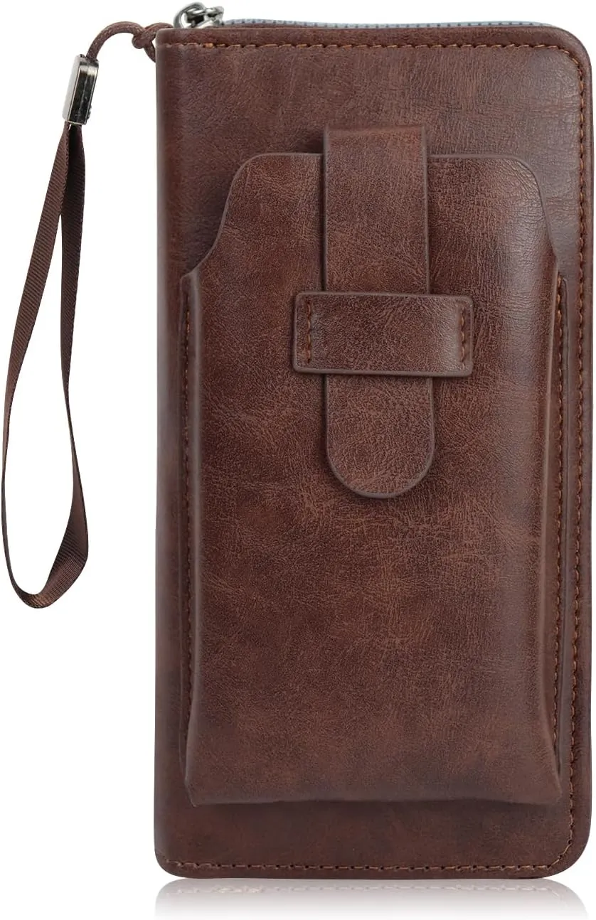 Long Wallet for Men, Large Capacity Zipper Leather Wallet Fashion Business Clutch Purse Card Holder Travel Wallet (Dark Brown)