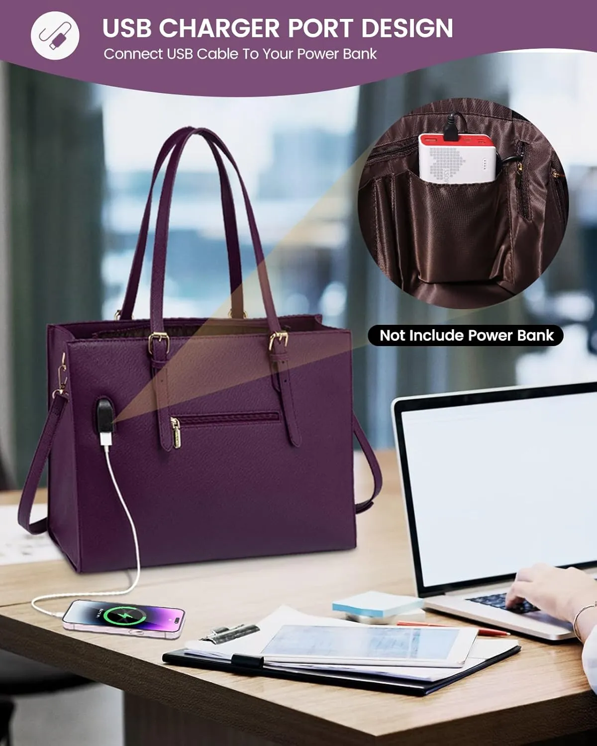 LOVEVOOK 15.6 Inch Laptop Bag for women, Large Waterproof PU Leather Work Briefcase with USB Charging Port Casual Computer Shoulder Messenger Fashion Business Office Tote Handbag Purse, Purple