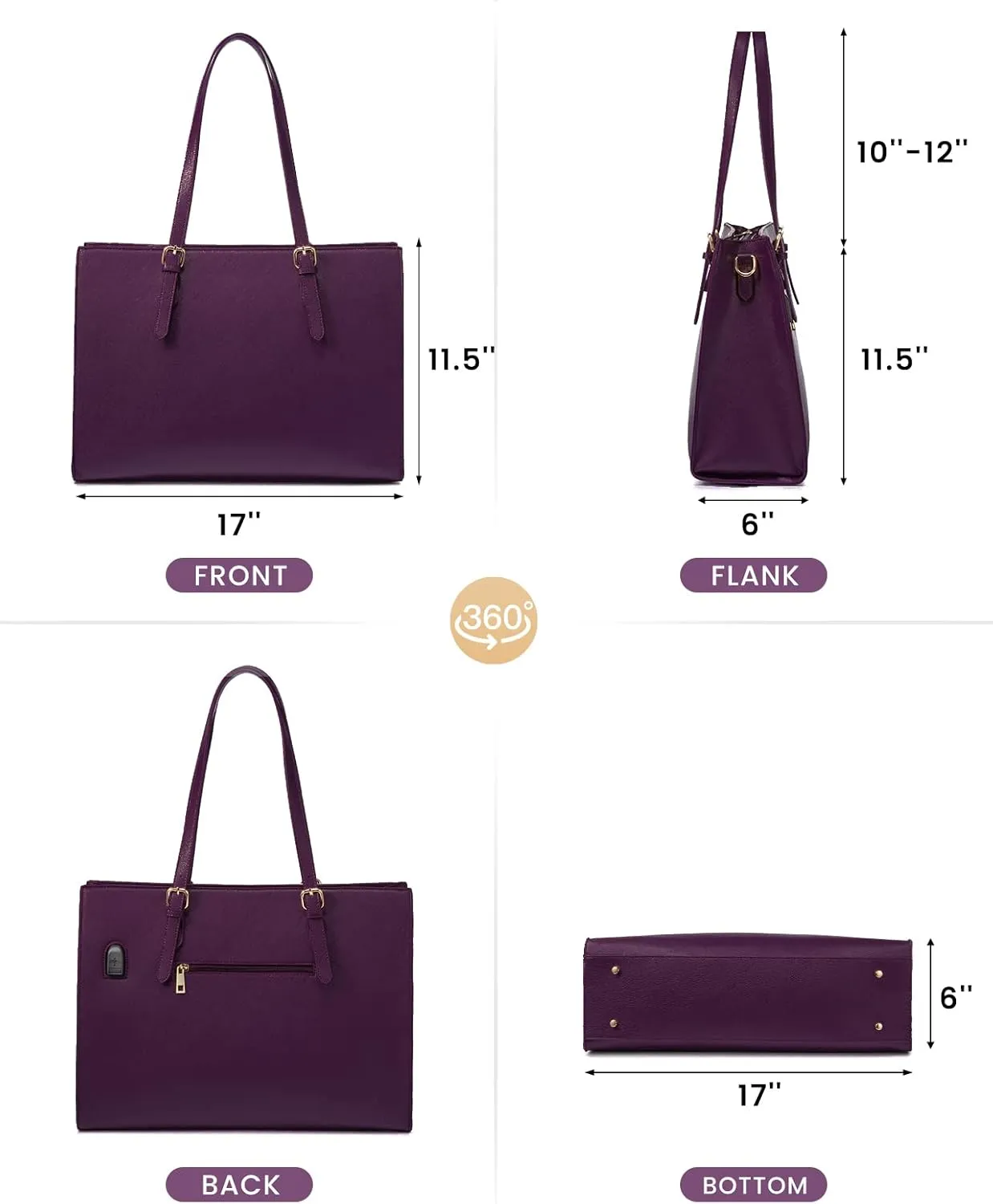 LOVEVOOK 15.6 Inch Laptop Bag for women, Large Waterproof PU Leather Work Briefcase with USB Charging Port Casual Computer Shoulder Messenger Fashion Business Office Tote Handbag Purse, Purple