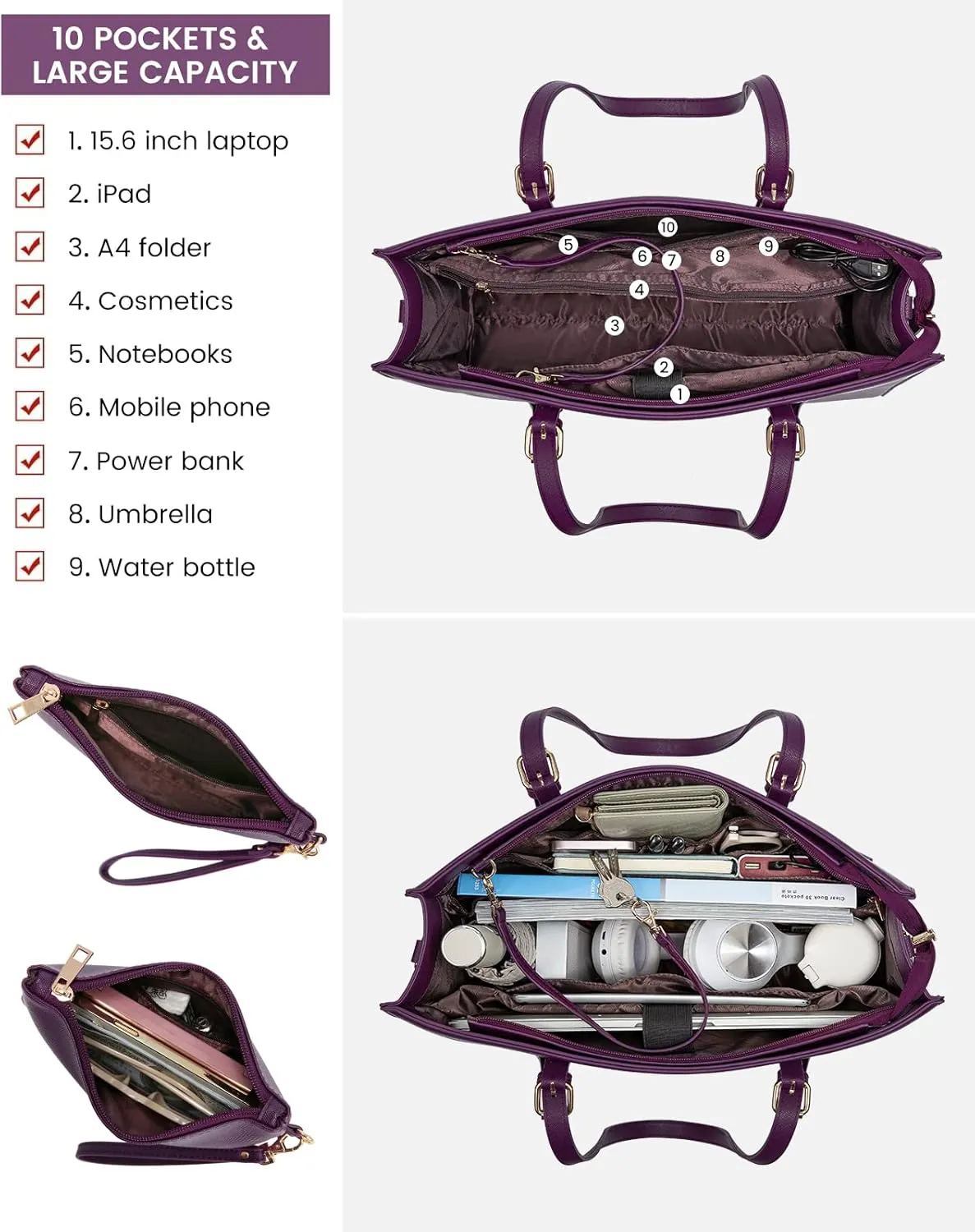LOVEVOOK 15.6 Inch Laptop Bag for women, Large Waterproof PU Leather Work Briefcase with USB Charging Port Casual Computer Shoulder Messenger Fashion Business Office Tote Handbag Purse, Purple