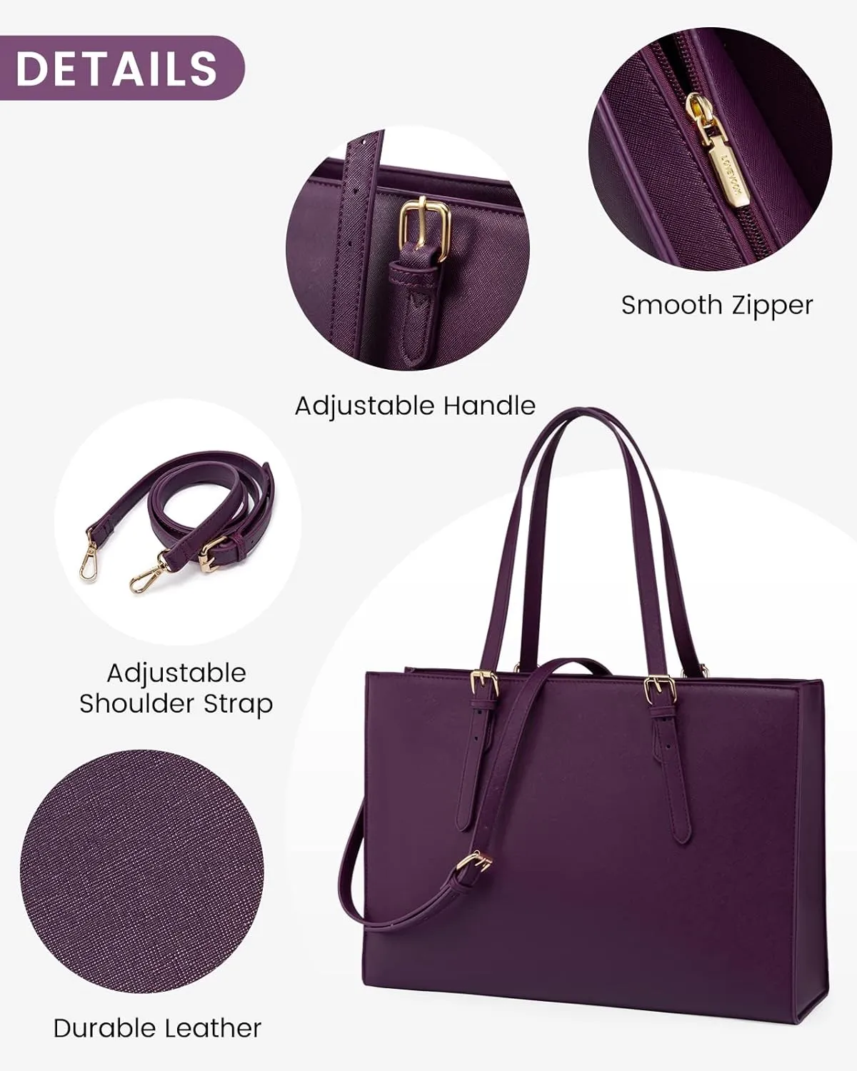 LOVEVOOK 15.6 Inch Laptop Bag for women, Large Waterproof PU Leather Work Briefcase with USB Charging Port Casual Computer Shoulder Messenger Fashion Business Office Tote Handbag Purse, Purple
