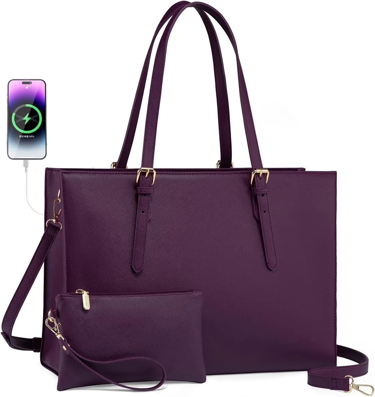 LOVEVOOK 15.6 Inch Laptop Bag for women, Large Waterproof PU Leather Work Briefcase with USB Charging Port Casual Computer Shoulder Messenger Fashion Business Office Tote Handbag Purse, Purple