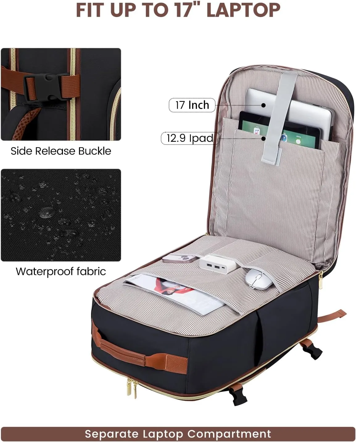 LOVEVOOK 40L Travel Backpack for Women & Men, Large Carry on Backpack for Airplanes with 3 Packing Cubes, TSA Personal Item Travel Bag fits 17" Laptop, Waterproof Travel Essentials Airline Approved