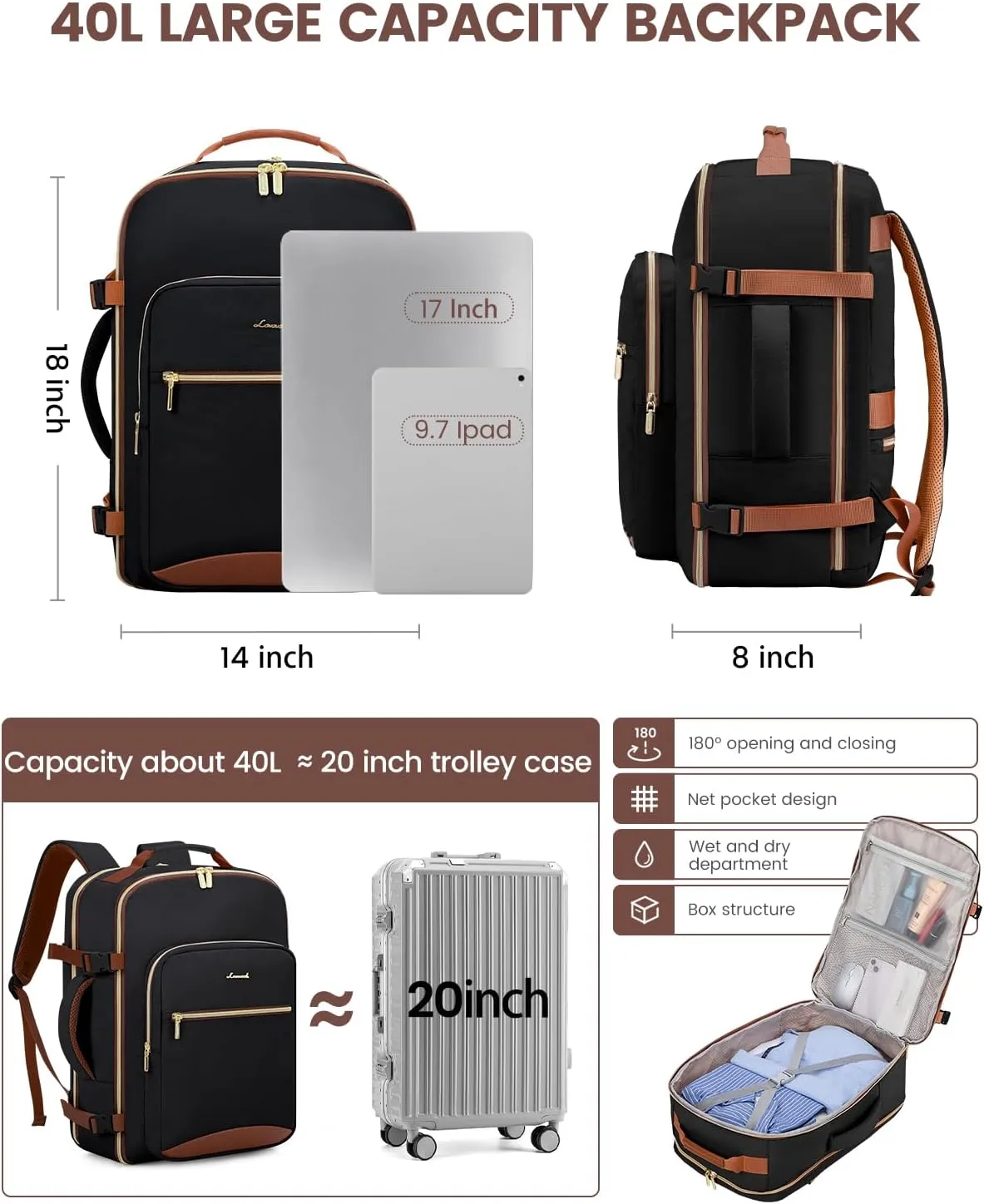 LOVEVOOK 40L Travel Backpack for Women & Men, Large Carry on Backpack for Airplanes with 3 Packing Cubes, TSA Personal Item Travel Bag fits 17" Laptop, Waterproof Travel Essentials Airline Approved