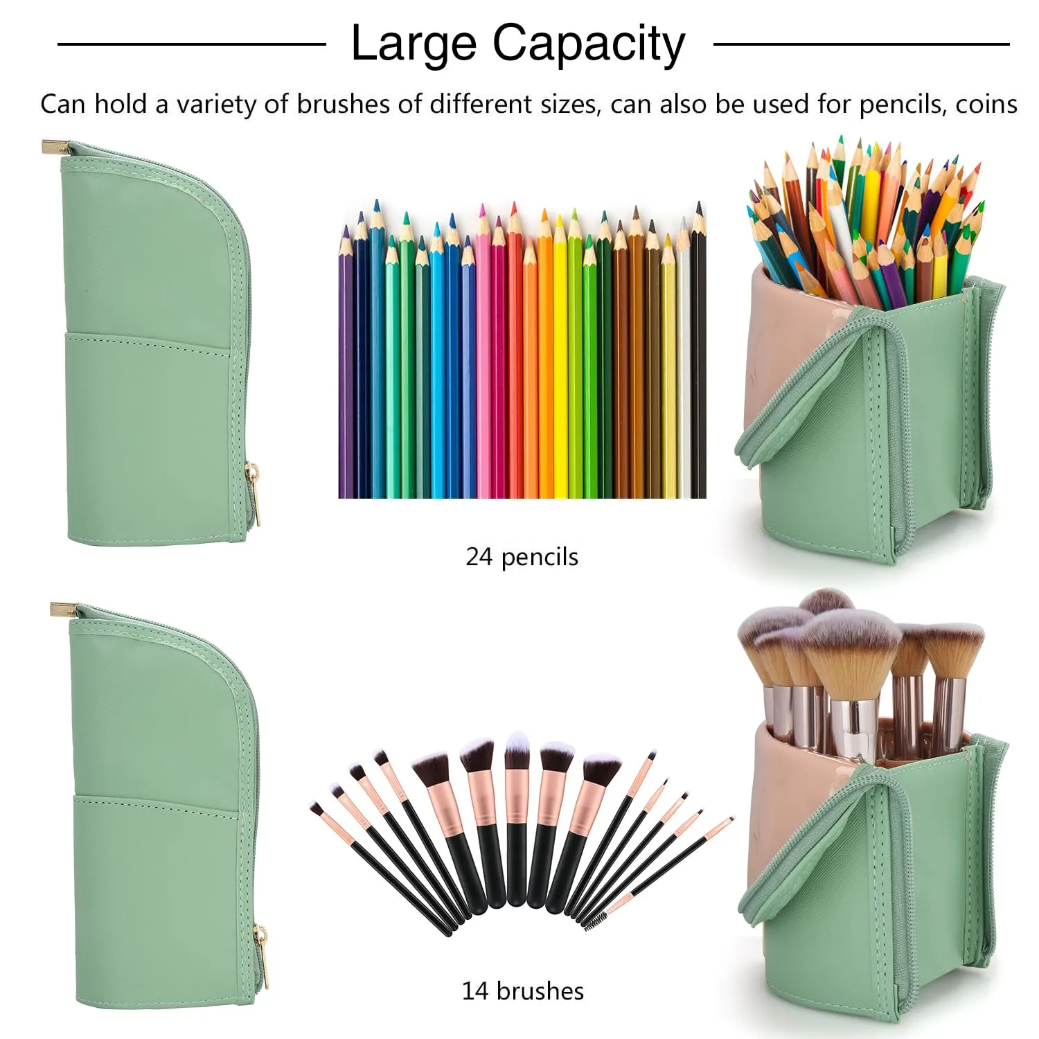Makeup Brush Case Travel Makeup Brush Holder Portable Makeup Brush Bag Professional Cosmetic Bag Artist Storage Bag Essentials Stand-up Foldable Makeup Cup (Gray Green, Small)