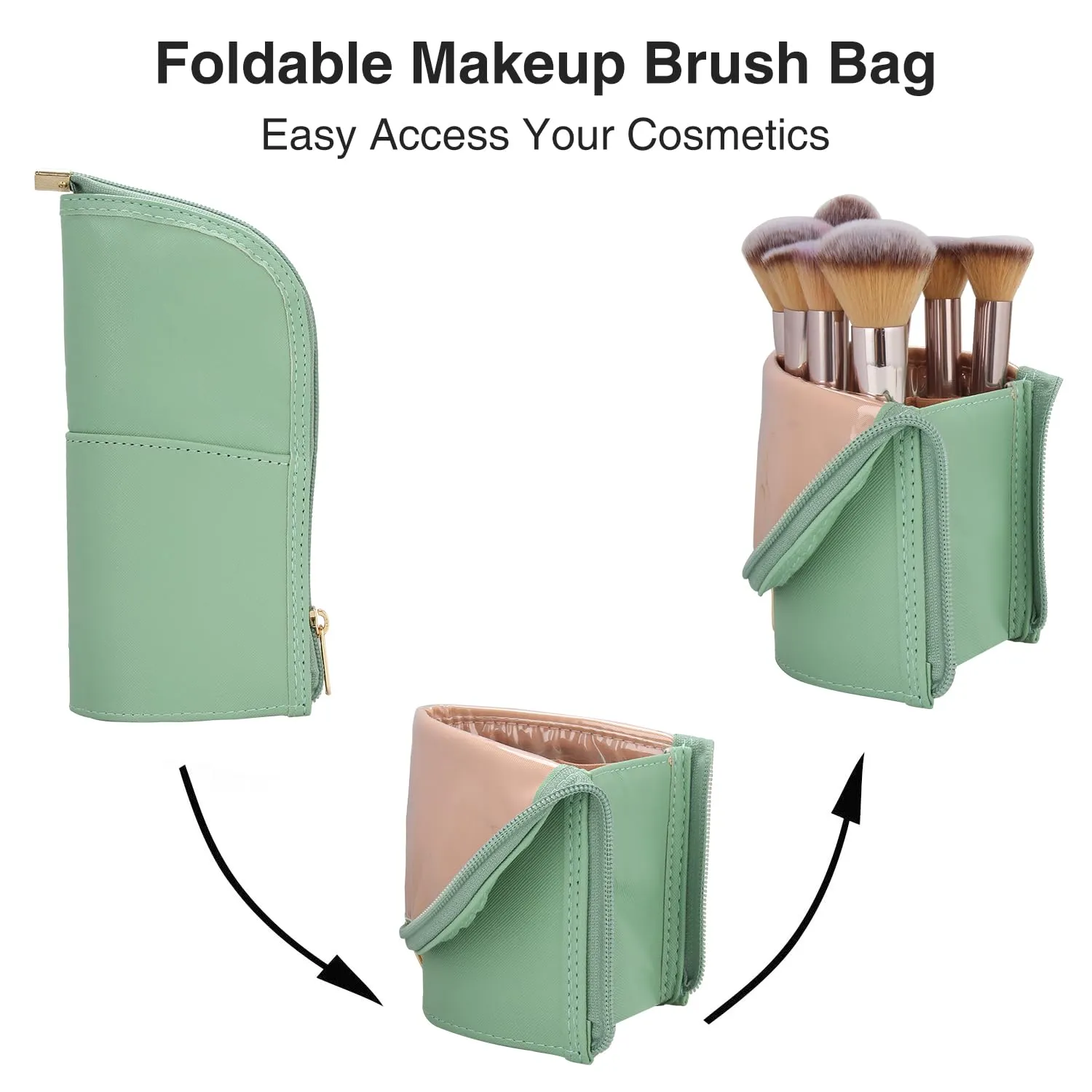 Makeup Brush Case Travel Makeup Brush Holder Portable Makeup Brush Bag Professional Cosmetic Bag Artist Storage Bag Essentials Stand-up Foldable Makeup Cup (Gray Green, Small)