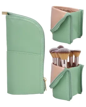 Makeup Brush Case Travel Makeup Brush Holder Portable Makeup Brush Bag Professional Cosmetic Bag Artist Storage Bag Essentials Stand-up Foldable Makeup Cup (Gray Green, Small)