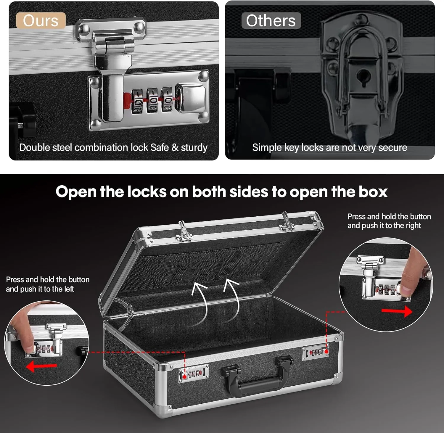 Medium Portable Locking Storage Totes - 14.2 x 9.8 x 4.5 Inch, Black, Modern Aluminum Storage Box with Dual Combination Locks