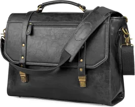 Mens messenger bag 17 inch, Waterproof Faux Leather Laptop Briefcase Large Computer Laptop Bag Leather Satchel Bag Retro Shoulder Bag for Office Business Travel College Black