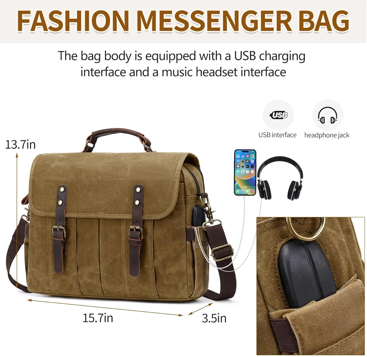 Messenger Bag for Men 15.6 Inch Vintage Canvas Genuine Leather Briefcase for Men Laptop Bag Satchel Shoulder Bag