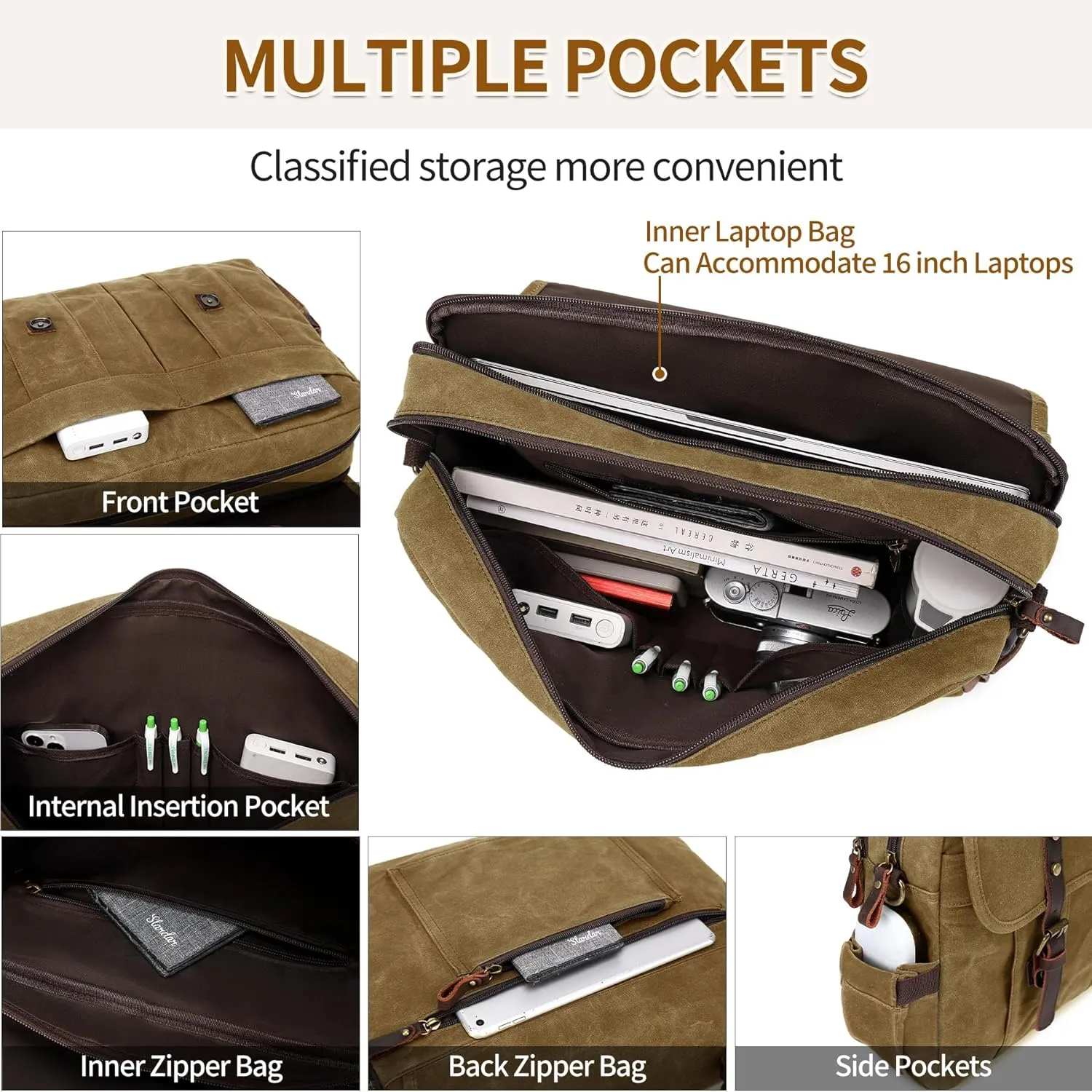 Messenger Bag for Men 15.6 Inch Vintage Canvas Genuine Leather Briefcase for Men Laptop Bag Satchel Shoulder Bag