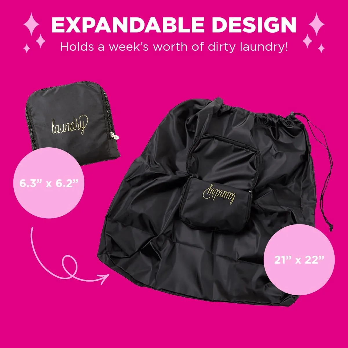 Miamica Soft Travel Laundry Bag with Zipper and Drawstring, Black & Gold, 21 x 22  Keep Your Dirty Clothes Separate and Your Suitcase Organized  Expandable, Durable, and Foldable Laundry Bag