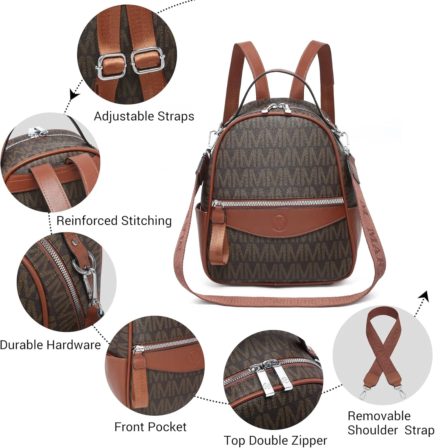 Mini Backpack Purse for Women Multi Pocket Small Backpacks Ladies Convertible Shoulder Handbags Designer Travel Backpack with Wide Strap, Coffee/Brown