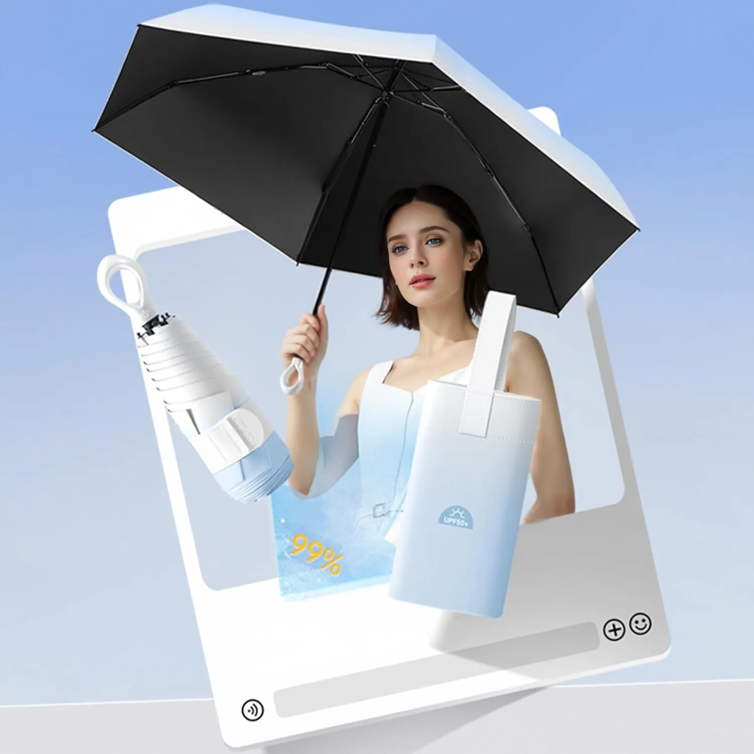 Mini Compact Folding Travel Umbrella with Ring Handle and Storage bag/Gradient Color/6 * 2 Ribs/UV Protection/Sun Rain/Lightweight Portable Small/Purse/Backpack/Car/Women Kids