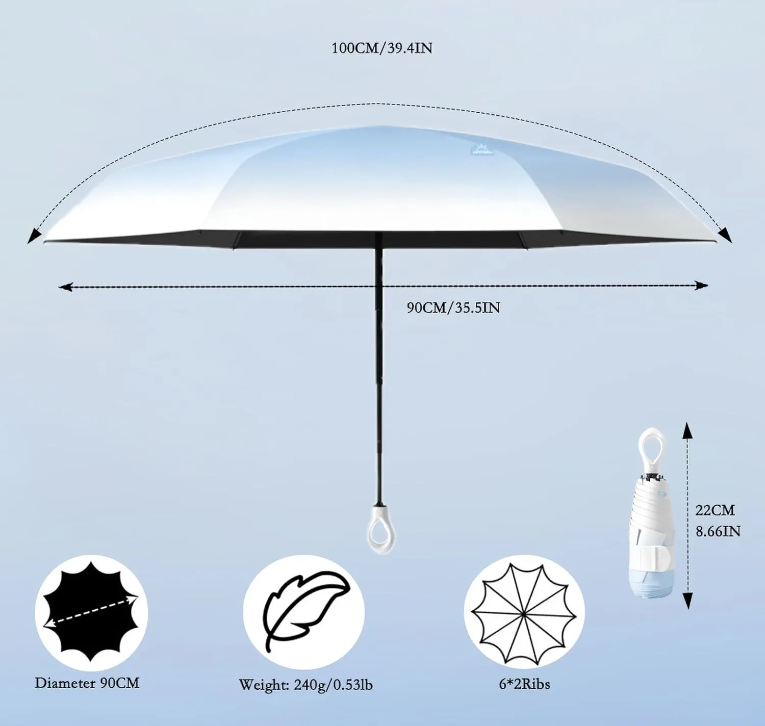 Mini Compact Folding Travel Umbrella with Ring Handle and Storage bag/Gradient Color/6 * 2 Ribs/UV Protection/Sun Rain/Lightweight Portable Small/Purse/Backpack/Car/Women Kids