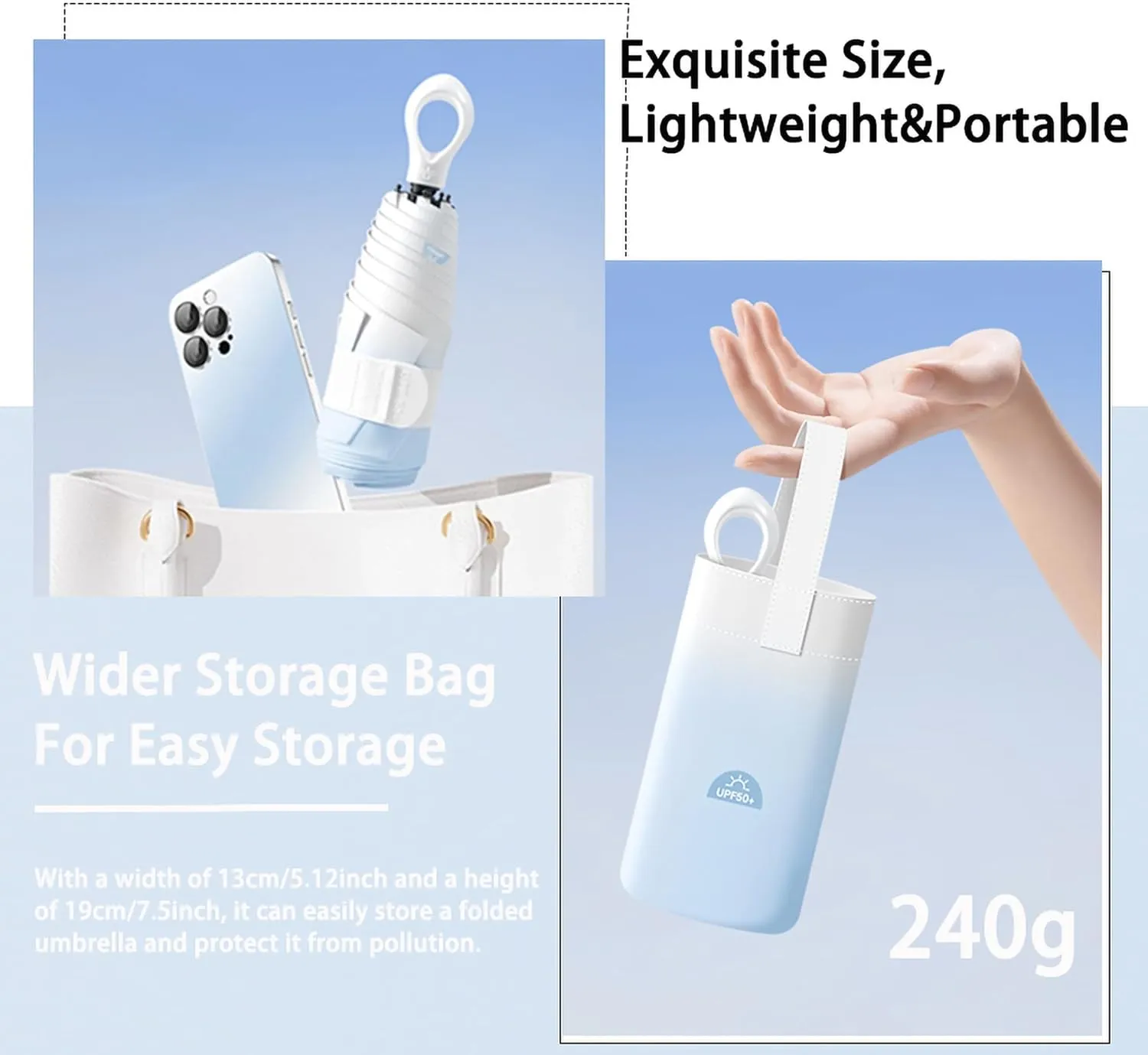 Mini Compact Folding Travel Umbrella with Ring Handle and Storage bag/Gradient Color/6 * 2 Ribs/UV Protection/Sun Rain/Lightweight Portable Small/Purse/Backpack/Car/Women Kids