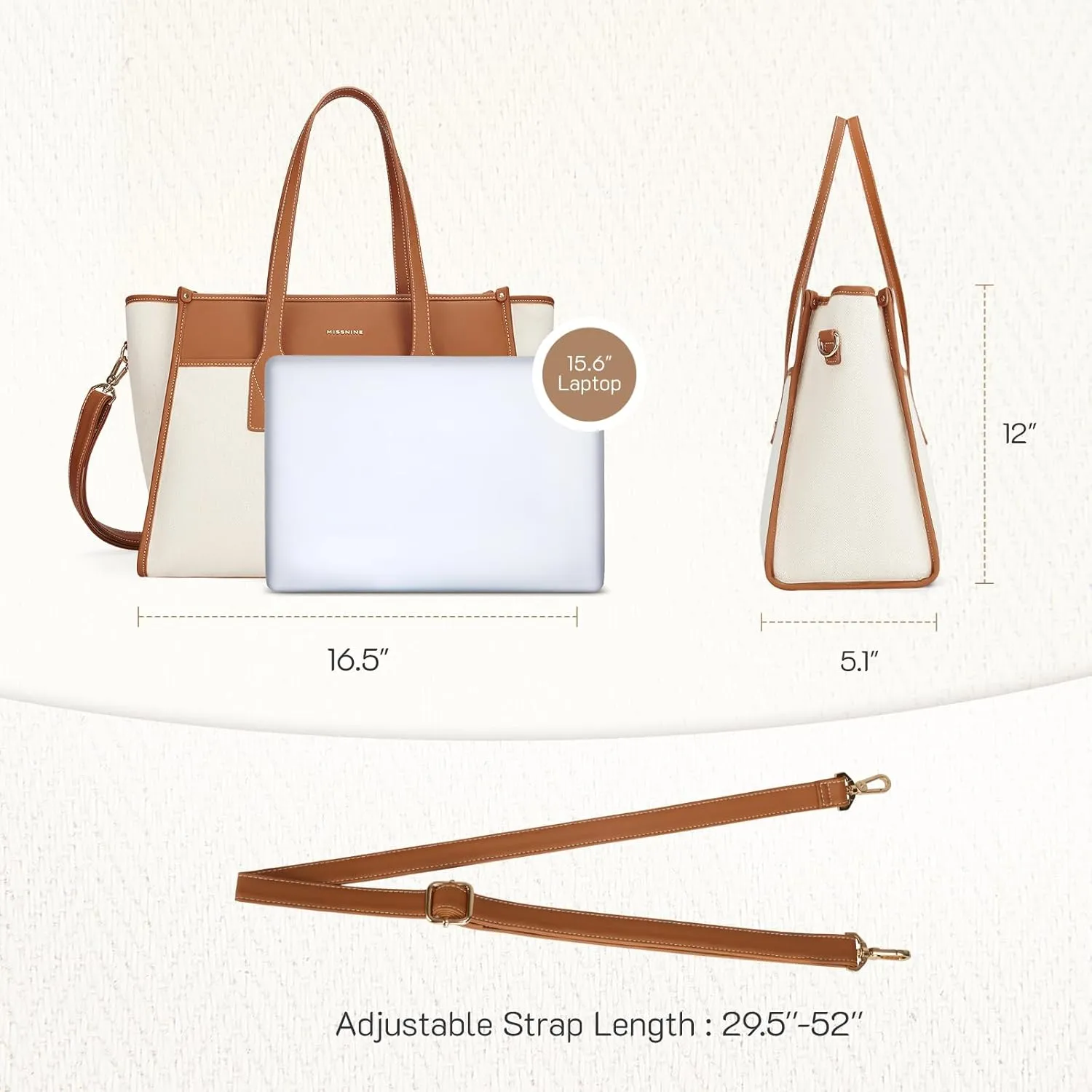 Missnine Tote Bag Canvas Laptop Bag 15.6 inch Work Bags for Women 16.5L5.1W12.5H Teacher Bag Casual Computer Shoulder Purse for Office, College, Travel