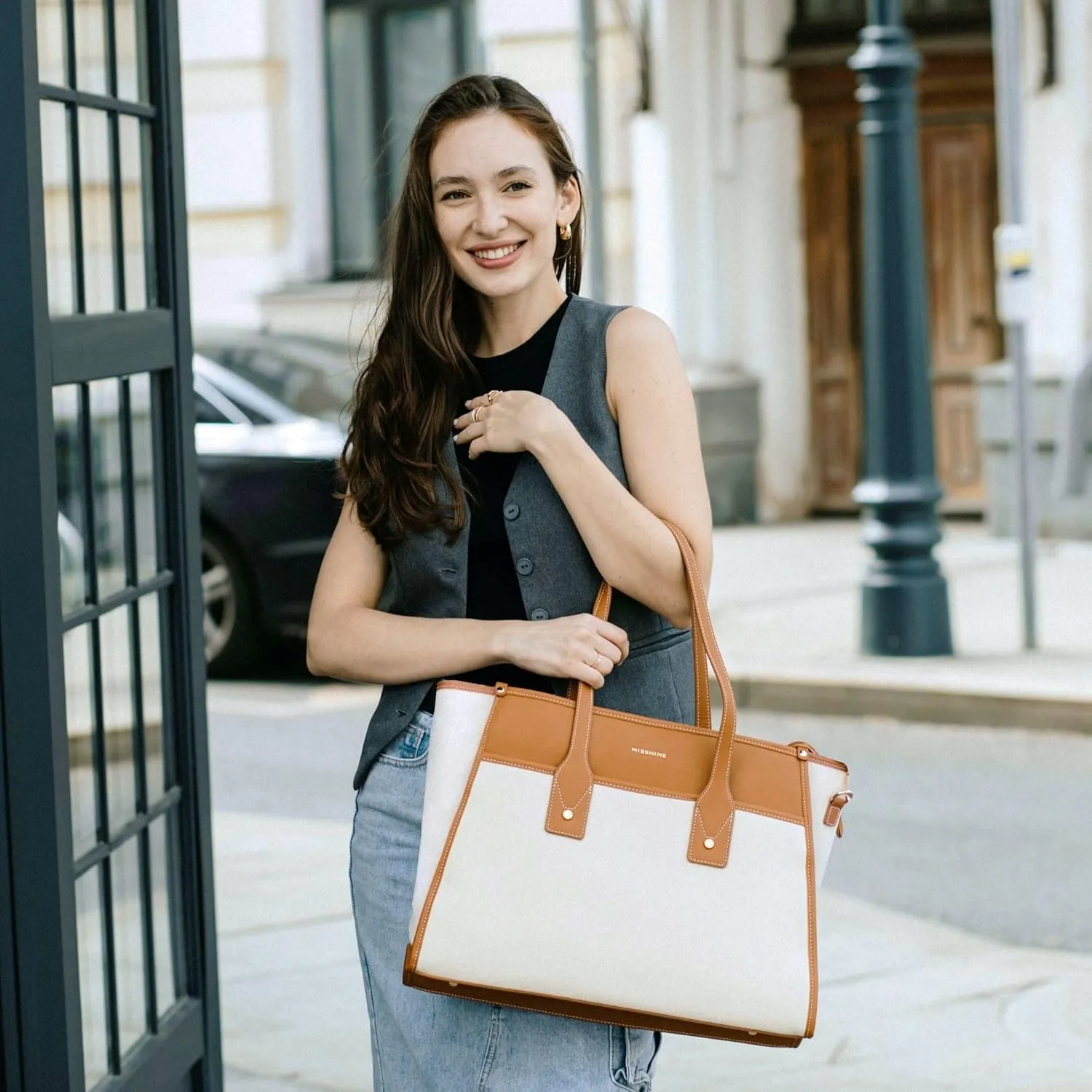 Missnine Tote Bag Canvas Laptop Bag 15.6 inch Work Bags for Women 16.5L5.1W12.5H Teacher Bag Casual Computer Shoulder Purse for Office, College, Travel