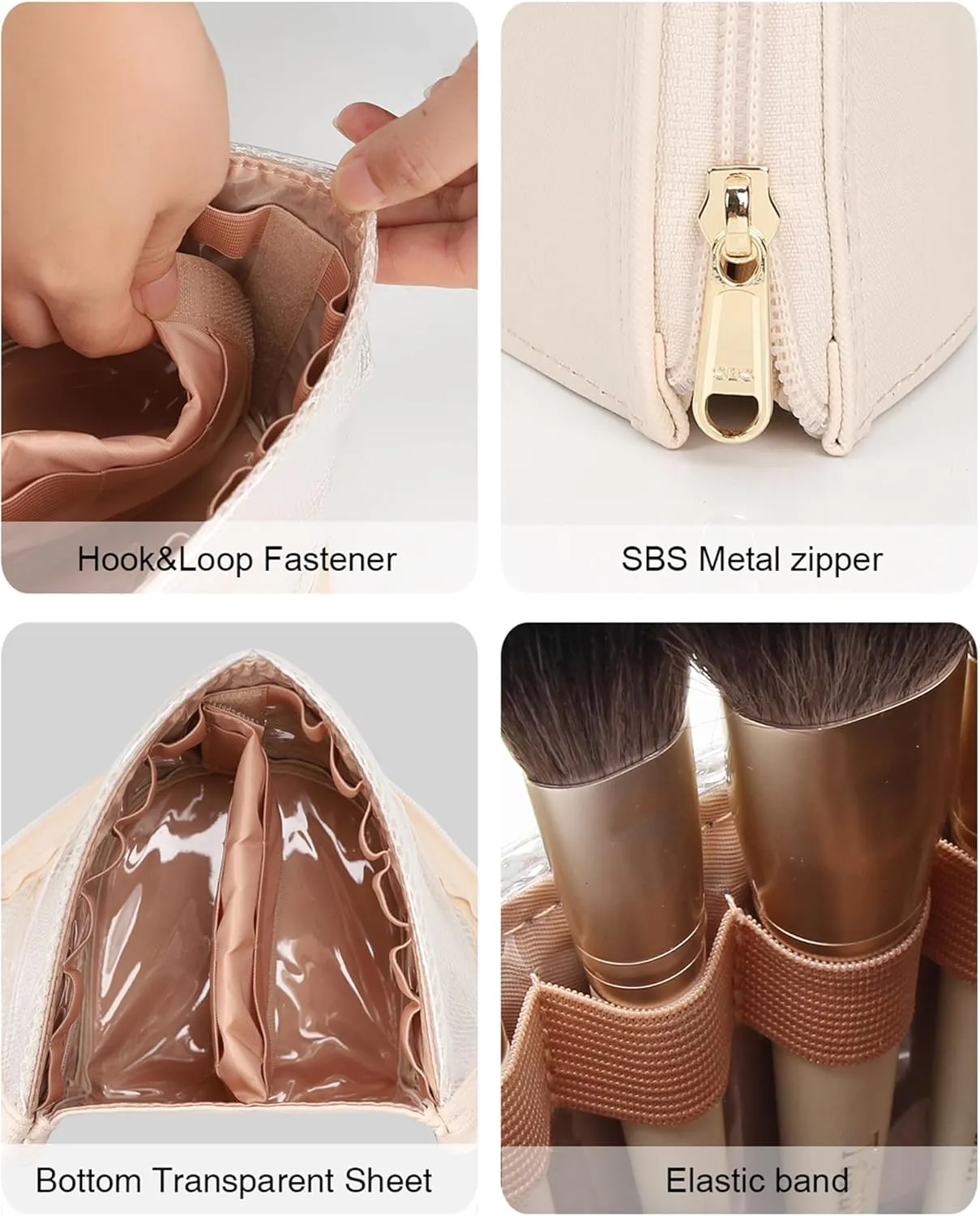 MONSTINA Makeup Brush Holder Bag,Portable Make-up Brush Organizer Bag Waterproof Stand-Up Makeup Brush Pouch,Professional Artist Makeup Case,Extral Large,Beige