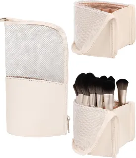 MONSTINA Makeup Brush Holder Bag,Portable Make-up Brush Organizer Bag Waterproof Stand-Up Makeup Brush Pouch,Professional Artist Makeup Case,Extral Large,Beige